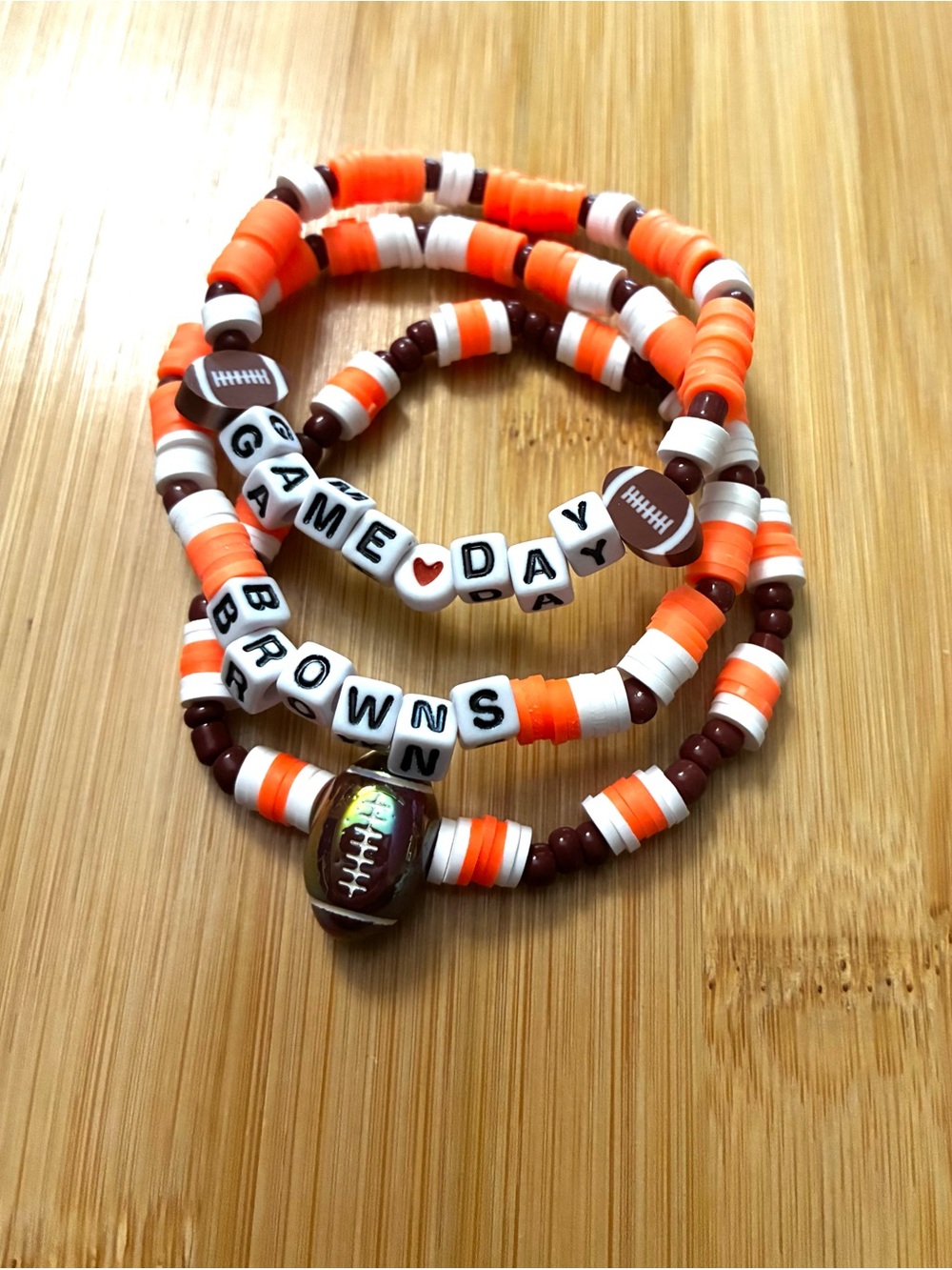 Game Day Browns Orange, Brown and White Beaded Stretch Bracelet Set